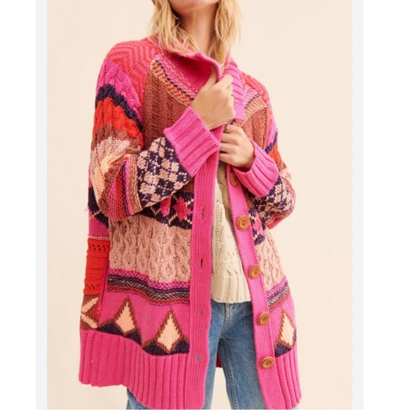 Free People Sweaters - Free People Argyl smile cardigan sweater pink punch combo heavyweight small